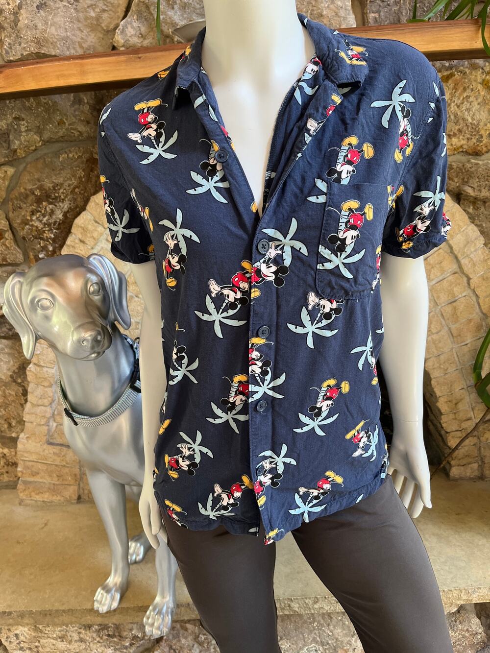 Disney Mickey Mouse Button Down Short Sleeve Rayon Blue Palm Tree Top Women's S